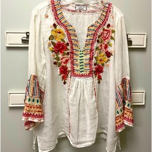Johnny Was Embroidered Floral Peasant Blouse SZ LG